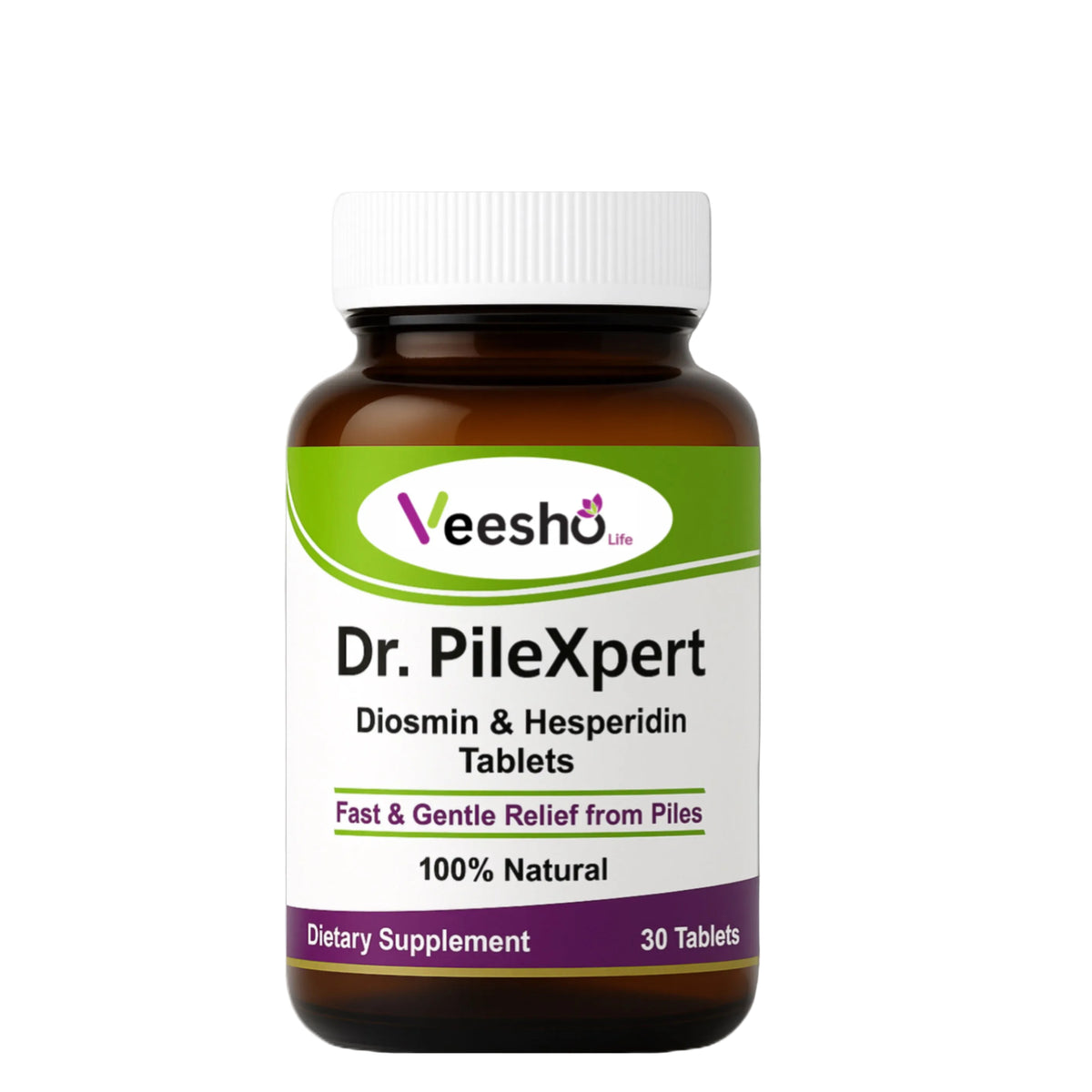 Bottle of Dr. PileXpert Diosmin & Hesperidin Tablets with Veesho branding on a gray background