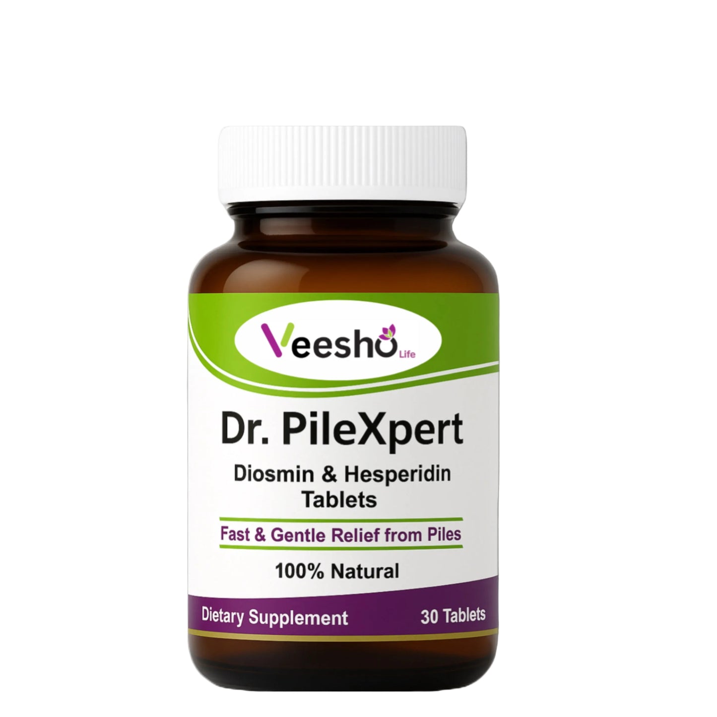 Bottle of Dr. PileXpert Diosmin & Hesperidin Tablets with Veesho branding on a gray background